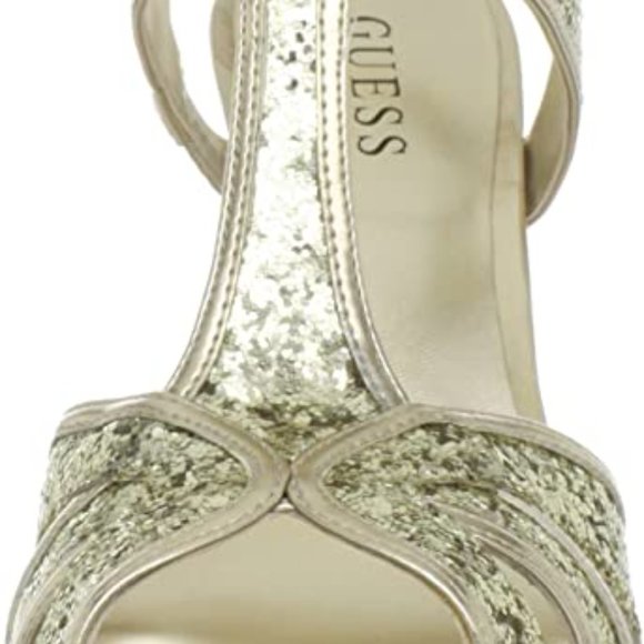 New Guess gold sequin INDRINA haircalf platform t strap sandals heels 6.5 - Picture 2 of 13